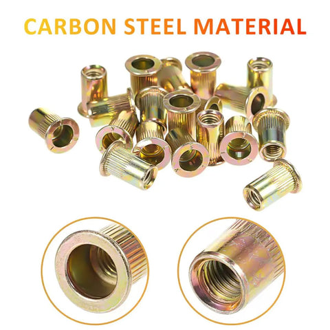 Heavy Duty Rivet Nut Kit 500 Piece Galvanized Carbon Steel Assortment With M3 M4 M5 M6 M8 M10 Threads Built Tough For Home DIY Projects And Industrial Jobs Comes In A Durable Storage Box close-up of carbon steel rivet nuts