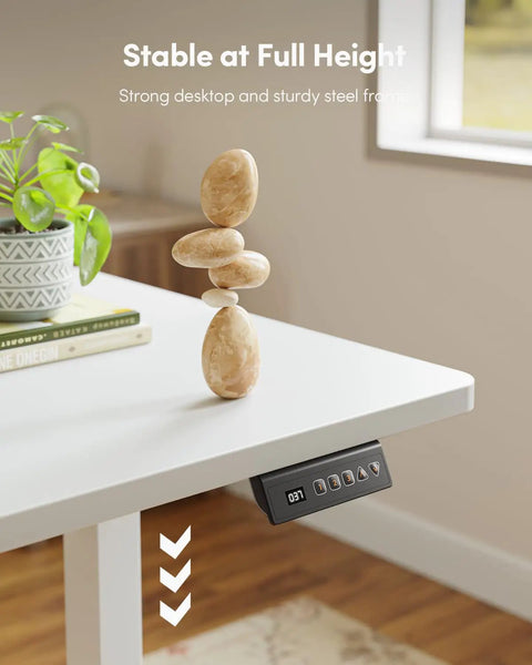 Rock Solid 60 X 24 Inch Electric Adjustable Standing Desk Featuring Smooth Motor Lift And Seamless One Piece Desktop For Heavy Duty Home Office Workspaces Designed For Maximum Comfort And Zero Hassle control panel and sturdy desktop with decorative stones
