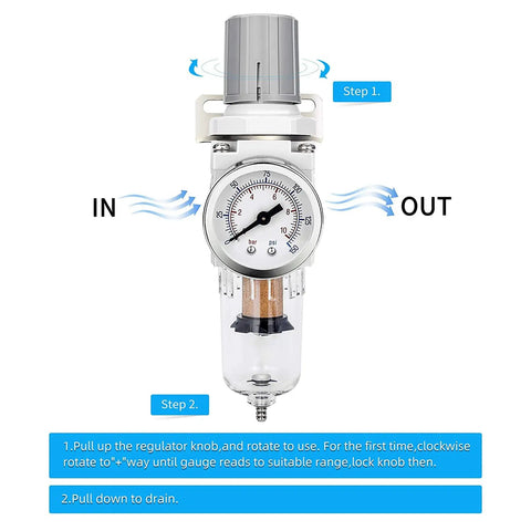 One Quarter Inch NPT Air Filter Regulator Combo With Piggyback 5 Micron Brass Filter Element Poly Bowl Semi Auto Drain Metal Bracket Gauge 0 To 150 PSI 20 CFM Flow Heavy Duty Shop Grade For Compressed Air Systems