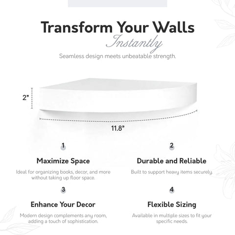 Diagram of Sturdy Floating Corner Wall Shelf In White With Hidden Metal Bracket For Heavy Duty Wall Mount Storage 11.8-Inch Wide
