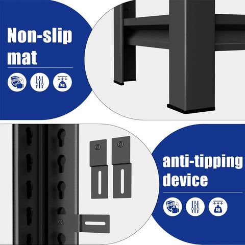 Heavy Duty Garage Shelving System 63 Inch Tall Adjustable Steel Standing Shelves support features, non-slip mat, anti-tipping device