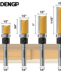 4 Pc Pattern Flush Trim Router Bit Set With 1/4 Inch Shank And Heavy Duty Carbide Woodworking Bits in various sizes on wood.