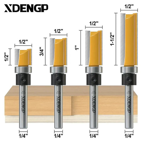 4 Pc Pattern Flush Trim Router Bit Set With 1/4 Inch Shank And Heavy Duty Carbide Woodworking Bits in various sizes on wood.