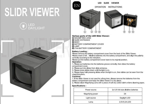 Lit 35mm Slide Viewer With Real Glass Lens, Illuminated, 2x Magnification, ultra portable pocket size shown with specifications