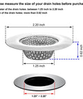 Diagram showing dimensions of 1.25 Inch Drain Strainer Stainless Steel Mesh Basket 2 Pack for drain hole sizing.