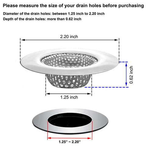 Diagram showing dimensions of 1.25 Inch Drain Strainer Stainless Steel Mesh Basket 2 Pack for drain hole sizing.