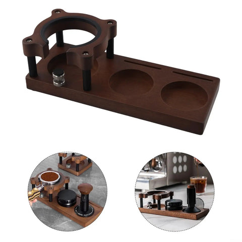 Adjustable Wooden Espresso Tamping Station And Hella Sturdy Portafilter Holder For 51 Mm Plus 58 Mm Coffee Tools With Slick Drawer Storage Setup For Sick Home Bar Sessions, showing a wooden tamping station.