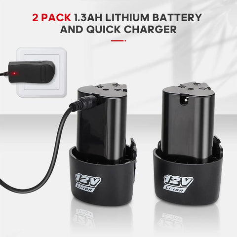 Two 12V Li-ion batteries with charger from Cordless Ratchet Wrench Set 3 by 8 Inch 12V Max, 400RPM, 45 Nm Torque.