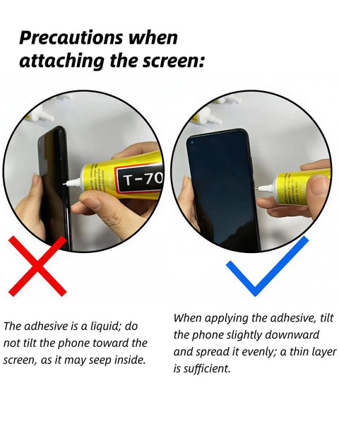 Applying Waterproof Flexible Repair Adhesive Glue For Phone Screens And Electronics on smartphone with correct and incorrect method