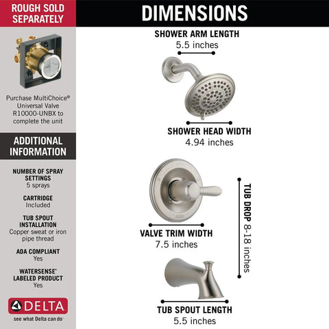Dimensions of Slick Stainless Tub And Shower Trim Kit With Single Handle Faucet, 5 Spray Touch Clean Shower Head, Model T14438-SS