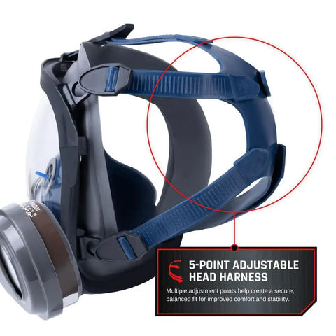 Full Face Organic Vapor And Particulate Respirator With Dual P-A-3 Carbon Activated Cartridges, 5-point adjustable head harness