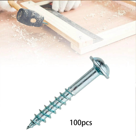 100 Pack Self Tapping Wood Screws 28mm By 4mm Galvanized Iron For DIY Furniture Assembly shown with woodworking tools.