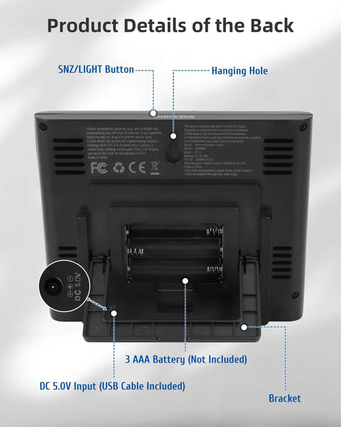 Back view of Wireless Indoor Outdoor Weather Station With Thermometer Hygrometer Dew Point And Heat Index Touchscreen LCD