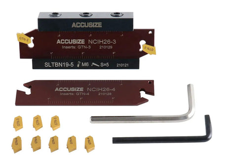 Three Quarters Inch Self Lock Block 2410-0013 With Five GTN-3 Carbide Inserts And Five GTN-4 Carbide Inserts Plus NCIH26-3 And NCIH26-4 Blades Beefed-Up Precision Ground Set For Milling And Machining Applications