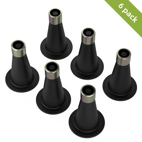 Six Pack Bed Frame Feet Risers For Replacing Wheels, Prevent Slipping And Sliding, Fits Over Standard Bed Foot, Black And Gold Reinforced Plastic Bed Risers For Wood Tile And Hard Floors displayed from a top view.