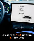 Interior view of electric vehicle display showing charging stats: Upgraded NACS to CCS Adapter With 500A 1000V Fast Charge For Tesla Supercharging Your CCS Electric Vehicle Lock It Down For Ford Mustang Mach-E F-150 Lightning Rivian R1T R1S GM EVs Hella Solid Build.