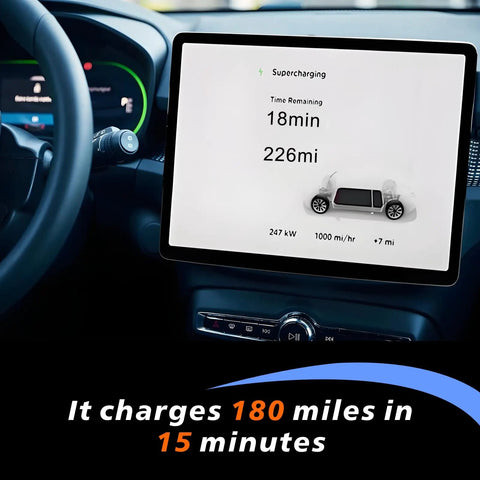Interior view of electric vehicle display showing charging stats: Upgraded NACS to CCS Adapter With 500A 1000V Fast Charge For Tesla Supercharging Your CCS Electric Vehicle Lock It Down For Ford Mustang Mach-E F-150 Lightning Rivian R1T R1S GM EVs Hella Solid Build.