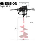 Dual Operator 185cc 4 Cycle Auger Powerhead Post Hole Digger dimensions diagram with 3.4 HP engine and auger bit measurements