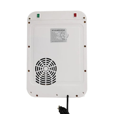 Back view of No Fuss Countertop Water Dispenser With Hot And Cold Water, showing fan and power cord, white finish, energy efficient