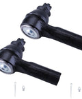 Ford Escape Front Outer Tie Rod End Kit 2005 To 2012 Beefed Up 2pc Replacement ES800846 For Precise Steering, Smooth Ride, And Solid Alignment Built To OE Spec For Long Lasting Performance And Easy Install. Two black metal tie rod ends with hardware on white background