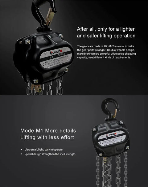 Built Tough Manual Chain Block Hoist 2 Pack Featuring Hella Strong Galvanized Steel Chain And 2200 Lb Capacity With 30 Ft Length For No Sweat Industrial Rigging close-up of a single hoist with black casing and chains.