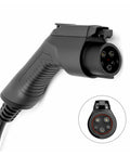 Close-up of 32 Amp Level 2 Portable EV Charger With Smart Temperature Control plug connector for electric cars.