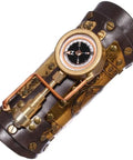 Badass Steampunk Arm Sleeve Cosplay Anime Accessory Featuring Mechanical Compass Prop Leather Gear Designed For Women Role Playing Costume Kick Ass Style And Rad Vintage Vibes, showing detailed brass compass on leather gear.
