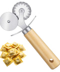 Sibba double-wheel pastry crimper with wooden handle; fluted cutting wheels shown with square ravioli pieces