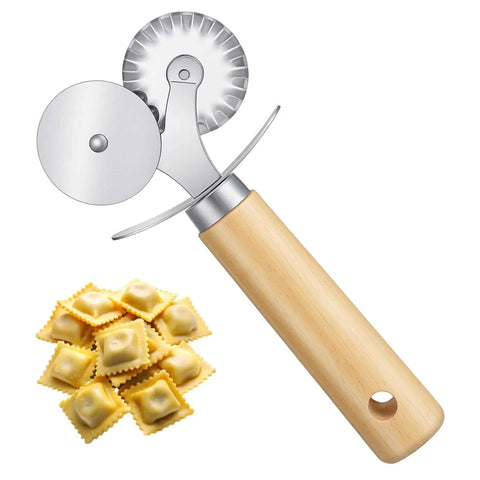 Sibba double-wheel pastry crimper with wooden handle; fluted cutting wheels shown with square ravioli pieces