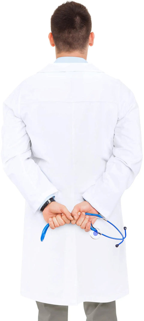 Back view of man in Pro Grade White Lab Coat For Men With Long Sleeves, Medical Coat With Side Slit For Easy Pocket Access, Size Large.