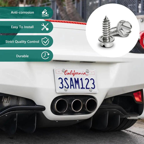 Heavy Duty Stainless Steel License Plate Screws Zero Rattle Bolt Set For Daily Drivers on a car bumper with license plate.