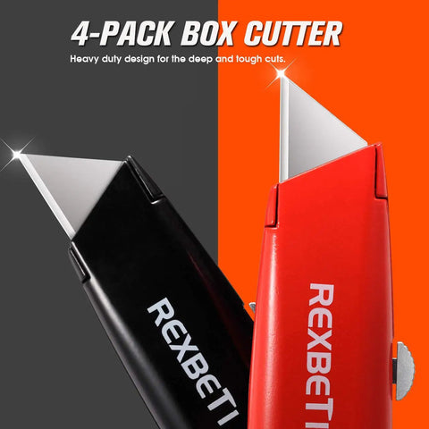 Beefy Heavy Duty Aluminum Box Cutter Knife Set, 4 Pack Retractable Utility Knives, close-up of red and black handles with blades