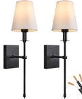 Set Of 2 Black Hardwired Wall Sconces With Vertical Rod And White Fabric Flared Shades, Versatile For Bathroom, Staircase, Living Room, Bedroom, Hallway Or Farmhouse Decor, Puck Lights Compatible, Bulbs Not Included