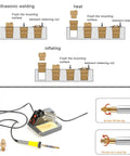 Diagram and tools showing 50 Pcs Dope 3D Printing Brass Nuts M5 Threaded Inserts Heat Set Tip Kit With Soldering Adapter