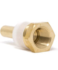 Brass thermowell with threaded bore and hex nut end, close-up view for industrial thermometers