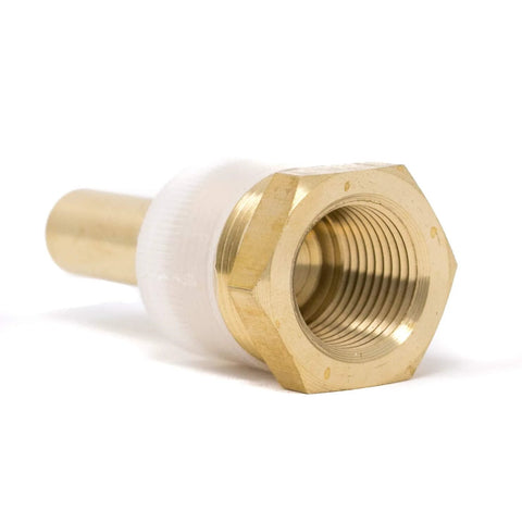 Brass thermowell with threaded bore and hex nut end, close-up view for industrial thermometers