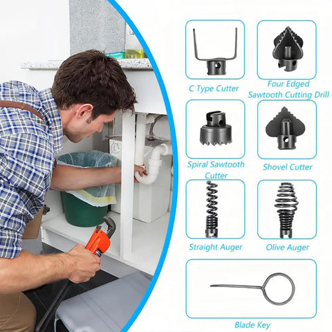 Man using electric drain cleaner under sink with various cutter heads displayed. Slash Your Plumbers Bill By Crushing Stubborn Kitchen And Bath Drain Clogs With This Heavy Duty Electric Drain Cleaner Cutter Head Kit Built To Blast Through Hair Grease Daily.