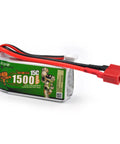2 Pack 7.4V 1500mAh Li Ion Battery High Rate For 1 10th 1 12th And 1 16th RC Off Road Cars showing red connector.