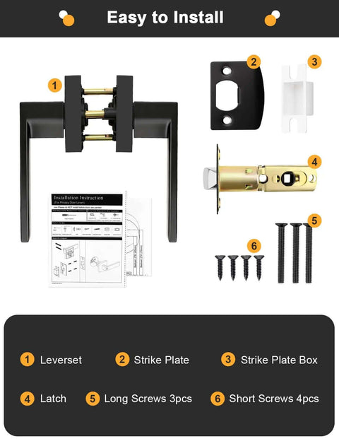 Square Black Interior Door Handle Set No Lock Passage Lever for Left or Right Handed Doors assembly parts