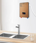 Electric Tankless Water Heater 110V 4500W with gold finish mounted above a modern sink, designed for quick showers.