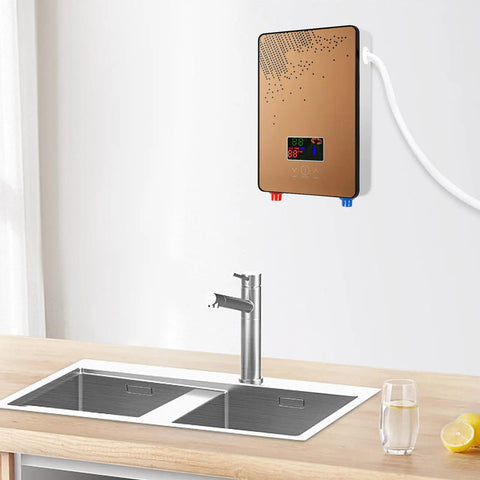 Electric Tankless Water Heater 110V 4500W with gold finish mounted above a modern sink, designed for quick showers.