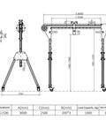 Diagram of Portable Aluminum Shop Gantry Crane, 2204 Pound Heavy Duty Rating with dimensions for garage lifting.