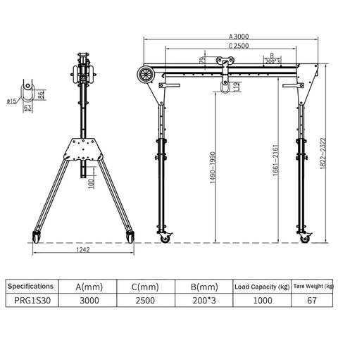 Diagram of Portable Aluminum Shop Gantry Crane, 2204 Pound Heavy Duty Rating with dimensions for garage lifting.