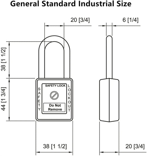 Keyed Different Lockout Tagout Lock Set With 10 Unique Locks And Two Keys Each For Lock Out Tag Out Stations And Devices Red LOTO Padlocks diagram with dimensions