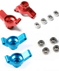 Gnarly 1/10 Scale RC Car Front And Rear Suspension Arms Hub Carrier Upgrade Kit Built Tough Metal parts in red and blue with bearings.