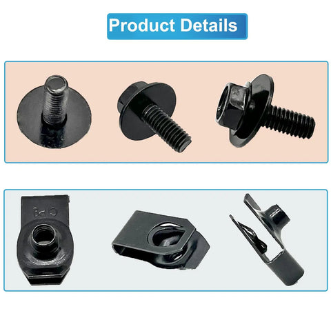 Must Have 100 Pc M6 1.0 Body Bolts And U Nuts Kit For Most Cars Rust Resistant Steel Black Universal Fastening Hardware details