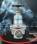 Heavy Duty G1/4 Air Pressure Control Valve Made From Aluminum Alloy, showing gauge and dial, for pneumatic systems.