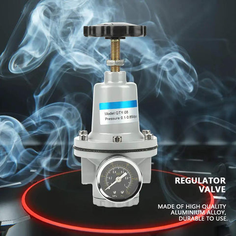 Heavy Duty G1/4 Air Pressure Control Valve Made From Aluminum Alloy, showing gauge and dial, for pneumatic systems.