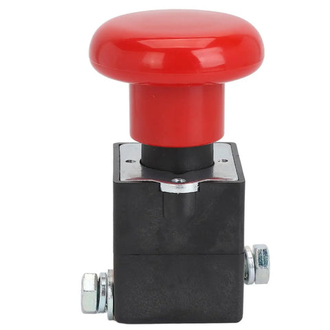 Heavy Duty Metal Emergency Stop Push Button Switch For Electric Forklift And Stacker With Instant Shut Off rated DC-80 Volts and 125 Amps, red button top view.