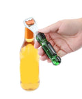 Hand holding Screwdriver Style Bottle Opener With Durable Acetate Handle next to beer bottle, tool for workspaces and toolboxes.